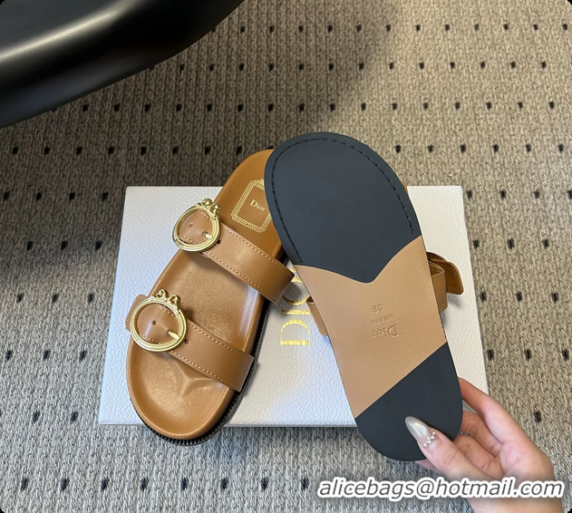 Discount Dior Medaillon Buckle Flat Slides Sandals Dark Beige Calfskin Leather 6070211
