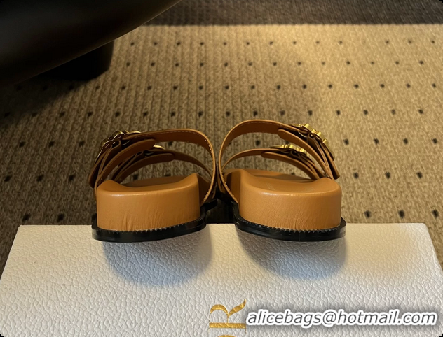 Discount Dior Medaillon Buckle Flat Slides Sandals Dark Beige Calfskin Leather 6070211