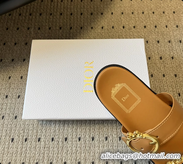 Discount Dior Medaillon Buckle Flat Slides Sandals Dark Beige Calfskin Leather 6070211