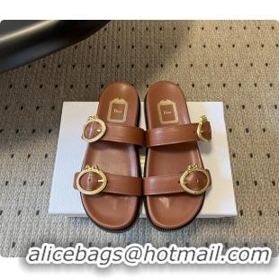 Top Grade Dior Medaillon Buckle Flat Slides Sandals Brown Calfskin Leather 6070211