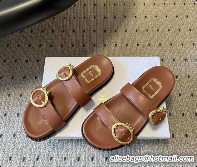 Top Grade Dior Medaillon Buckle Flat Slides Sandals Brown Calfskin Leather 6070211