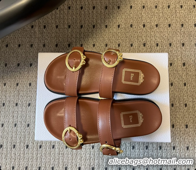Top Grade Dior Medaillon Buckle Flat Slides Sandals Brown Calfskin Leather 6070211