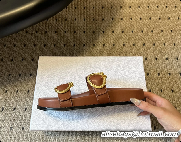 Top Grade Dior Medaillon Buckle Flat Slides Sandals Brown Calfskin Leather 6070211
