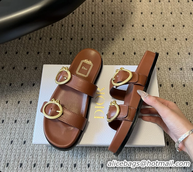 Top Grade Dior Medaillon Buckle Flat Slides Sandals Brown Calfskin Leather 6070211
