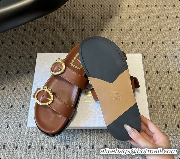 Top Grade Dior Medaillon Buckle Flat Slides Sandals Brown Calfskin Leather 6070211
