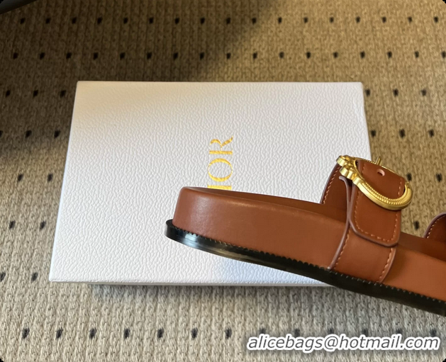 Top Grade Dior Medaillon Buckle Flat Slides Sandals Brown Calfskin Leather 6070211
