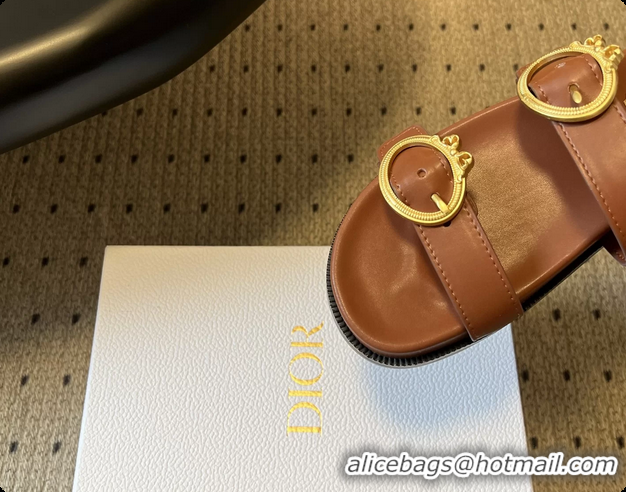 Top Grade Dior Medaillon Buckle Flat Slides Sandals Brown Calfskin Leather 6070211