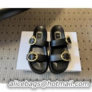 Luxury Discount Dior Medaillon Buckle Flat Slides Sandals Black Calfskin Leather 6070211