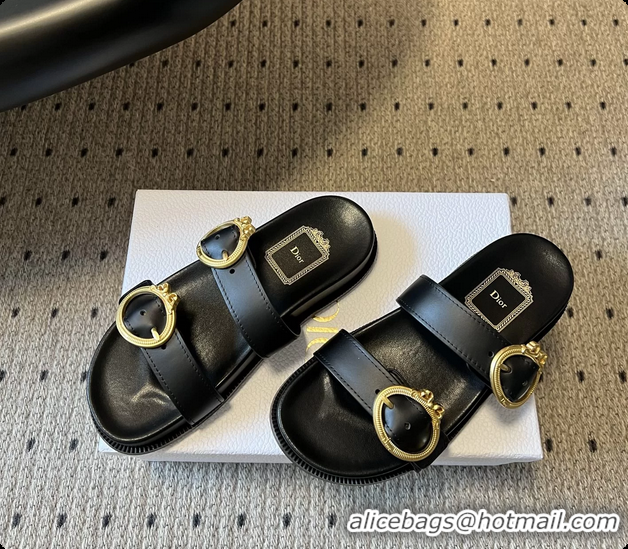 Luxury Discount Dior Medaillon Buckle Flat Slides Sandals Black Calfskin Leather 6070211