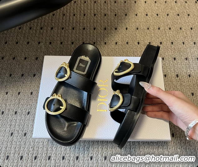 Luxury Discount Dior Medaillon Buckle Flat Slides Sandals Black Calfskin Leather 6070211
