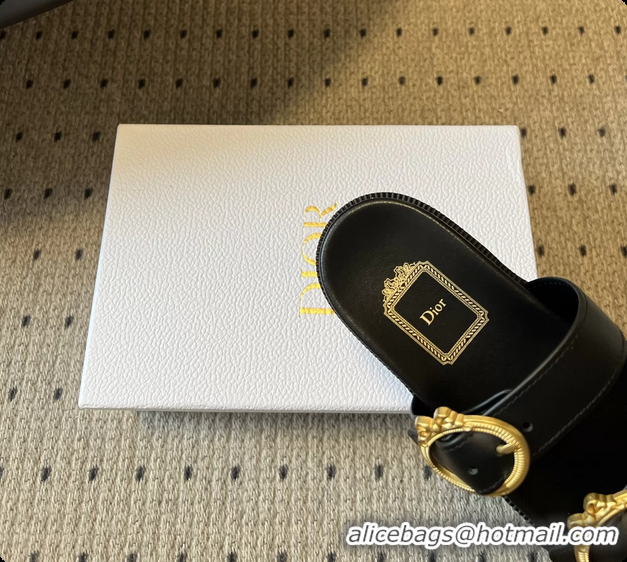 Luxury Discount Dior Medaillon Buckle Flat Slides Sandals Black Calfskin Leather 6070211