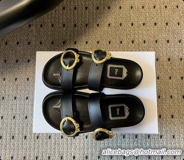 Luxury Discount Dior Medaillon Buckle Flat Slides Sandals Black Calfskin Leather 6070211