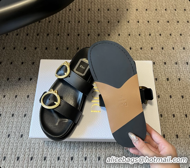 Luxury Discount Dior Medaillon Buckle Flat Slides Sandals Black Calfskin Leather 6070211