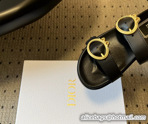 Luxury Discount Dior Medaillon Buckle Flat Slides Sandals Black Calfskin Leather 6070211