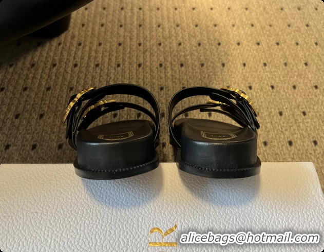 Luxury Discount Dior Medaillon Buckle Flat Slides Sandals Black Calfskin Leather 6070211