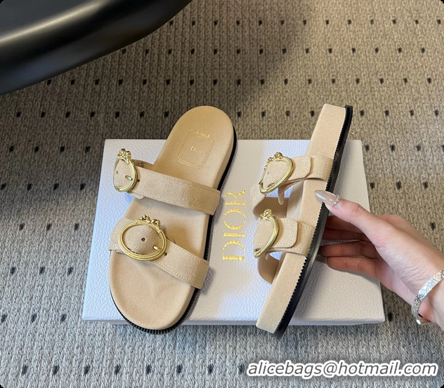 Fashion Dior Medaillon Buckle Flat Slides Sandals Beige Suede Calfskin Leather 6070211