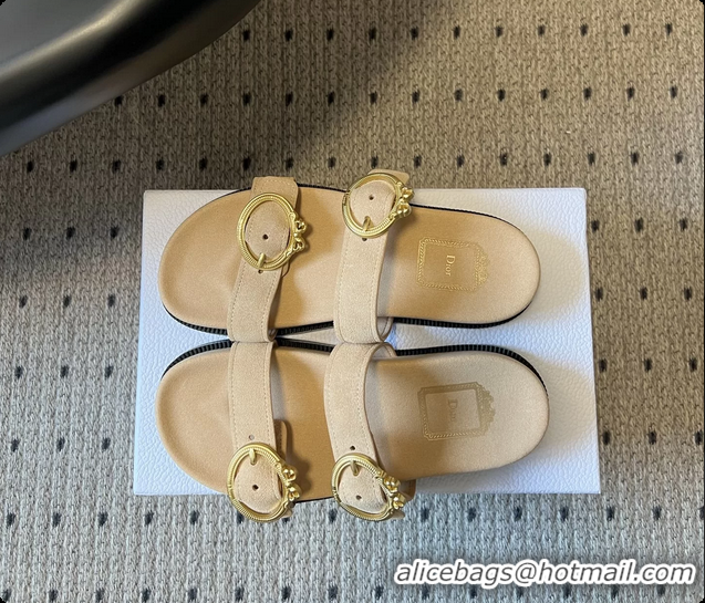 Fashion Dior Medaillon Buckle Flat Slides Sandals Beige Suede Calfskin Leather 6070211
