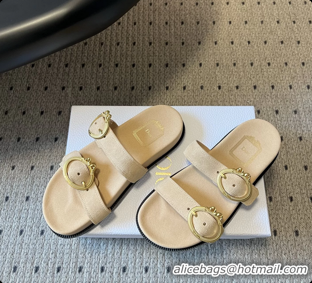Fashion Dior Medaillon Buckle Flat Slides Sandals Beige Suede Calfskin Leather 6070211