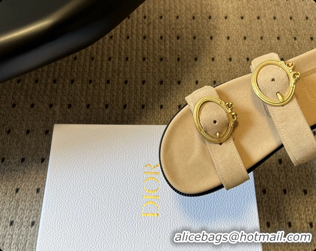 Fashion Dior Medaillon Buckle Flat Slides Sandals Beige Suede Calfskin Leather 6070211