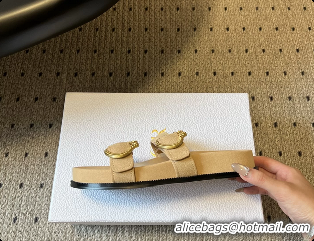 Fashion Dior Medaillon Buckle Flat Slides Sandals Beige Suede Calfskin Leather 6070211