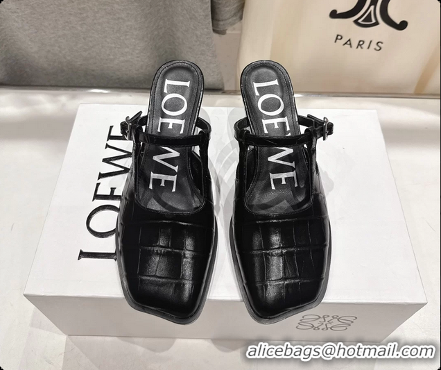 Good Looking Loewe Onda Black Croco Embossed Calfskin Leather Slingback Pumps 6070310