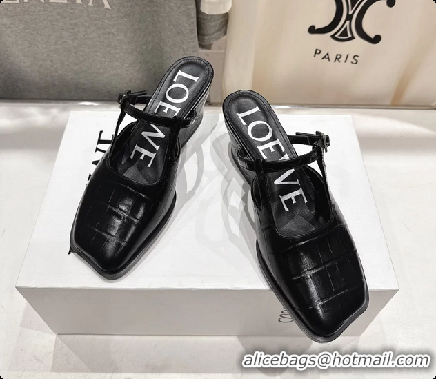 Good Looking Loewe Onda Black Croco Embossed Calfskin Leather Slingback Pumps 6070310