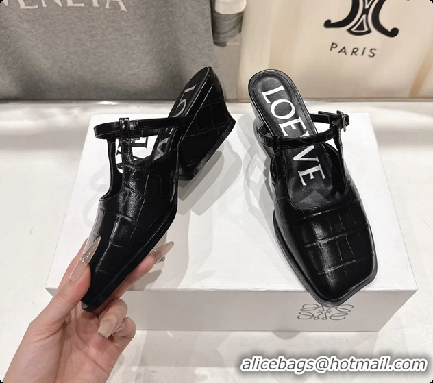 Good Looking Loewe Onda Black Croco Embossed Calfskin Leather Slingback Pumps 6070310