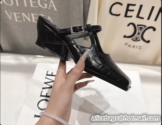 Good Looking Loewe Onda Black Croco Embossed Calfskin Leather Slingback Pumps 6070310