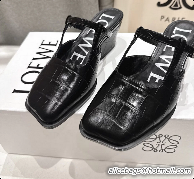 Good Looking Loewe Onda Black Croco Embossed Calfskin Leather Slingback Pumps 6070310