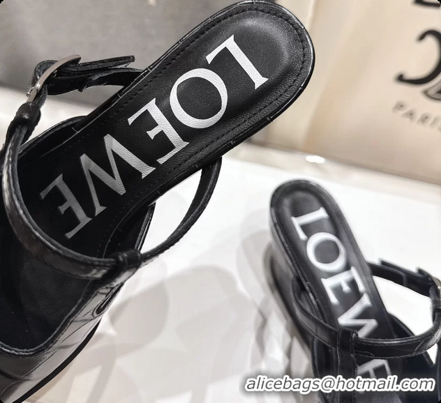 Good Looking Loewe Onda Black Croco Embossed Calfskin Leather Slingback Pumps 6070310