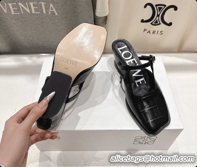 Good Looking Loewe Onda Black Croco Embossed Calfskin Leather Slingback Pumps 6070310