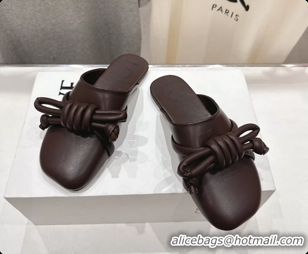 Good Product Loewe Flamenco Knot Lambskin Leather Flat Mules Dark Brown 6070311