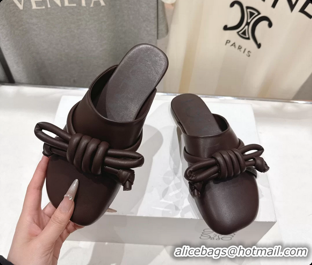 Good Product Loewe Flamenco Knot Lambskin Leather Flat Mules Dark Brown 6070311