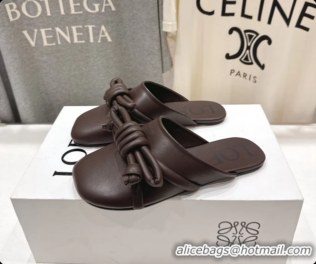 Good Product Loewe Flamenco Knot Lambskin Leather Flat Mules Dark Brown 6070311