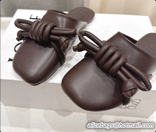 Good Product Loewe Flamenco Knot Lambskin Leather Flat Mules Dark Brown 6070311