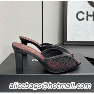 Fashionable Chanel Coco Beach Mesh And Lambskin Mules With CC Logo Heel 80MM CH19156 Black 2026