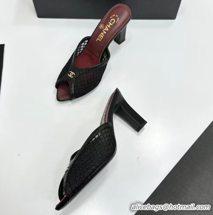 Fashionable Chanel Coco Beach Mesh And Lambskin Mules With CC Logo Heel 80MM CH19156 Black 2026