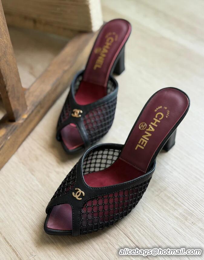 Fashionable Chanel Coco Beach Mesh And Lambskin Mules With CC Logo Heel 80MM CH19156 Black 2026