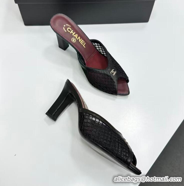 Fashionable Chanel Coco Beach Mesh And Lambskin Mules With CC Logo Heel 80MM CH19156 Black 2026