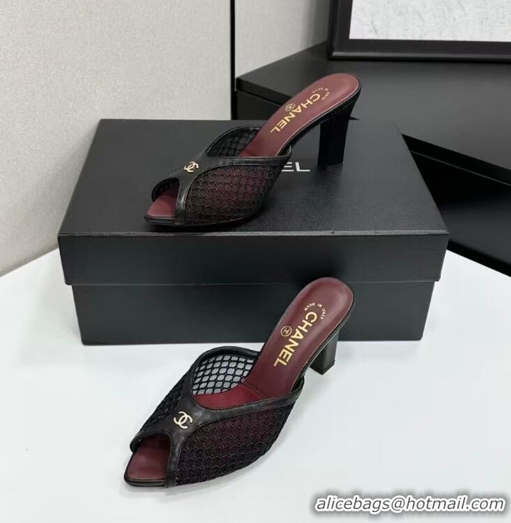 Fashionable Chanel Coco Beach Mesh And Lambskin Mules With CC Logo Heel 80MM CH19156 Black 2026