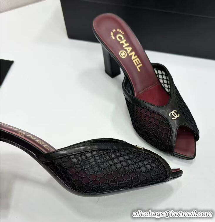 Fashionable Chanel Coco Beach Mesh And Lambskin Mules With CC Logo Heel 80MM CH19156 Black 2026