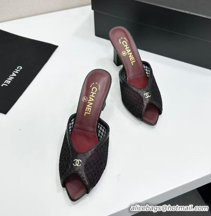 Fashionable Chanel Coco Beach Mesh And Lambskin Mules With CC Logo Heel 80MM CH19156 Black 2026