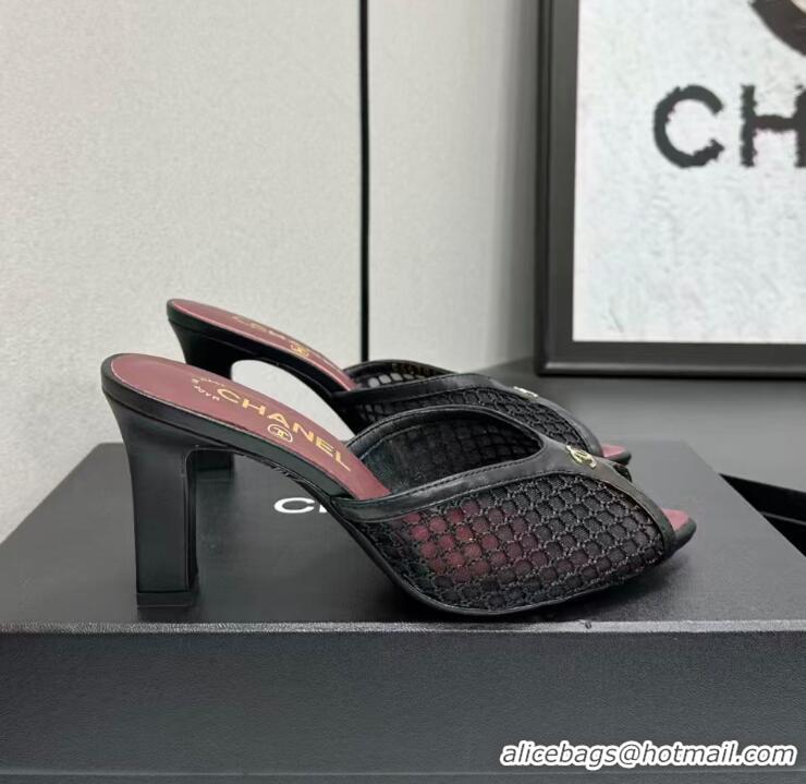 Fashionable Chanel Coco Beach Mesh And Lambskin Mules With CC Logo Heel 80MM CH19156 Black 2026