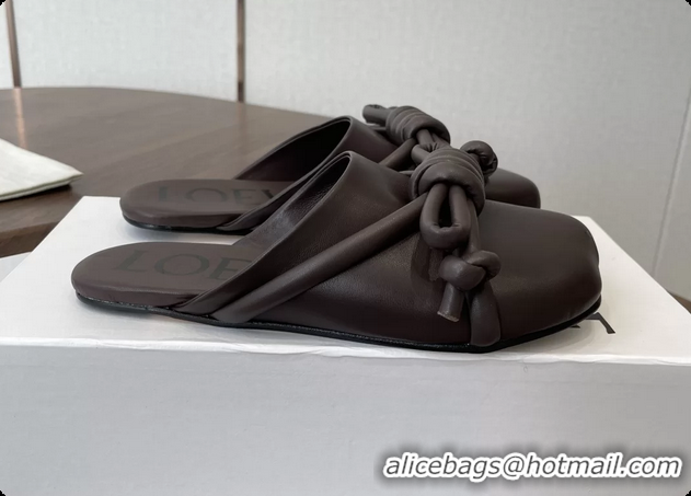 Good Quality Loewe Flamenco Knot Flat Mules Shoes Dark Brown Lambskin Leather 6070313