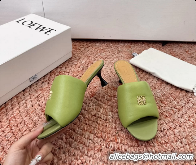 Top Grade Loewe Anagram Slip On Padded Leather Heeled Slides Sandals Green 6070314