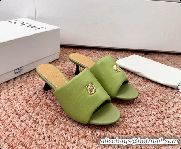 Top Grade Loewe Anagram Slip On Padded Leather Heeled Slides Sandals Green 6070314