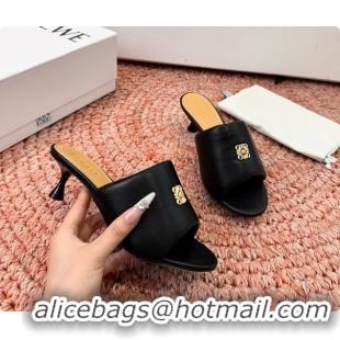 Luxurious Loewe Anagram Slip On Padded Leather Heeled Slides Sandals Black 6070314