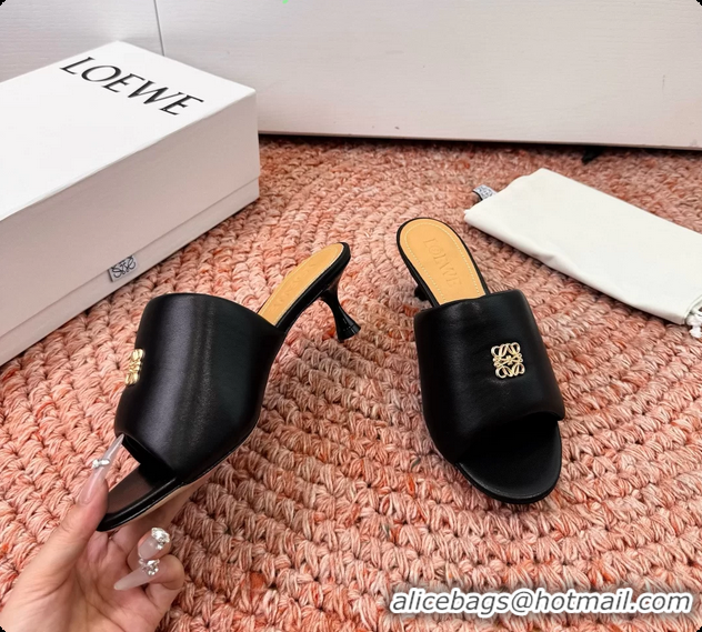 Luxurious Loewe Anagram Slip On Padded Leather Heeled Slides Sandals Black 6070314