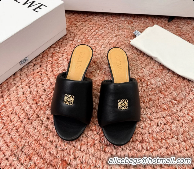 Luxurious Loewe Anagram Slip On Padded Leather Heeled Slides Sandals Black 6070314
