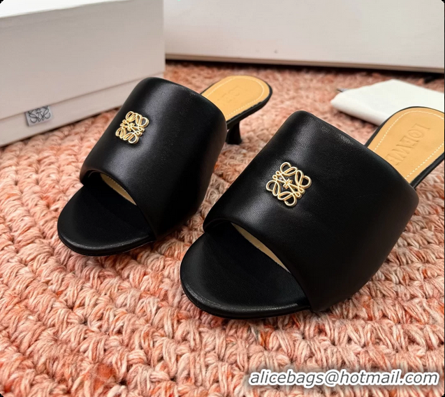Luxurious Loewe Anagram Slip On Padded Leather Heeled Slides Sandals Black 6070314